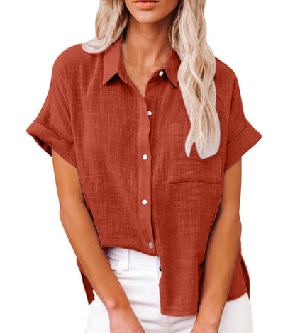 Blusa de Lino Sin Esfuerzo para Mujeres con Cuello, Manga Corta, Botones en la Parte Frontal, Estilo Alto-Bajo