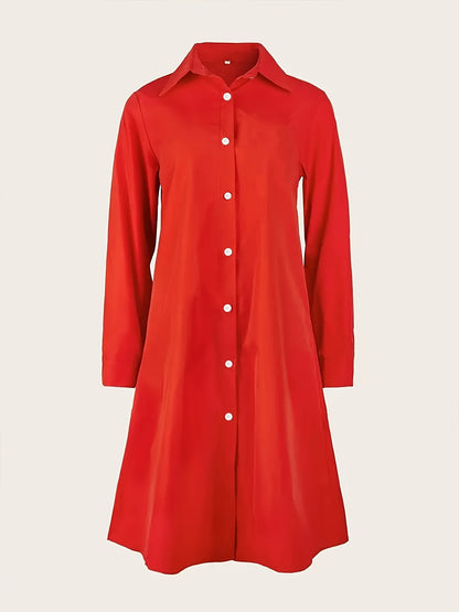 Elegante Vestido Camisa Rojo para Mujeres con Cuello, Manga Larga, Botones Frontales, Estilo A Linea Fluyente