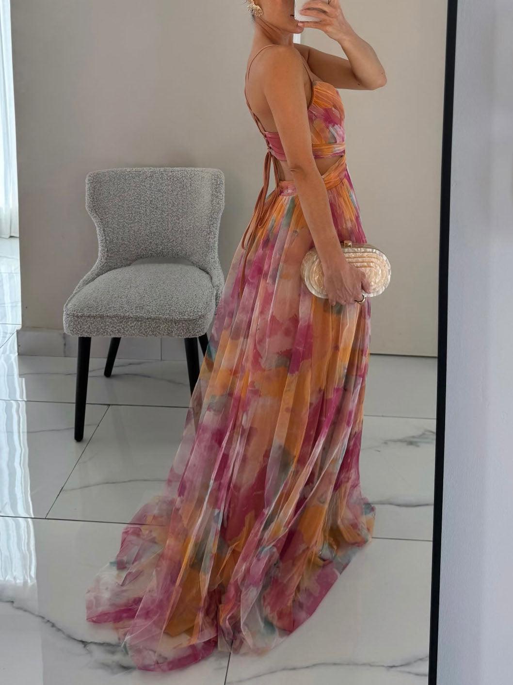 Vestido Maxi Floral Acuarela Sin Esfuerzo para Mujeres con Escote en V, Tirantes Espagueti, Cintura Cruzada y Estilo Fluido de Alta Fisura
