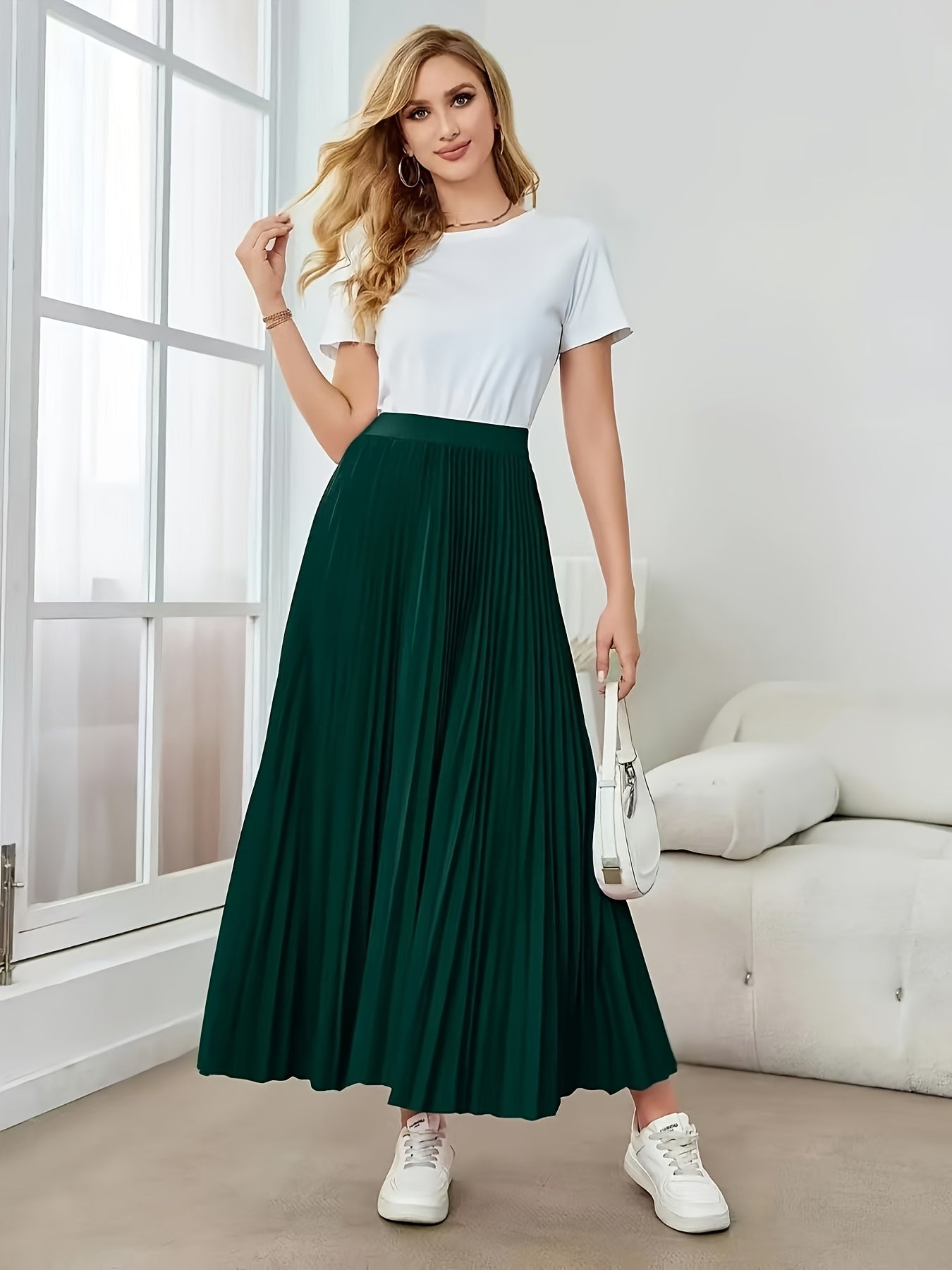 Elegante Falda Maxi Plisada Verde Oscuro para Mujeres con Cintura Alta Estilo A Linea Fluida