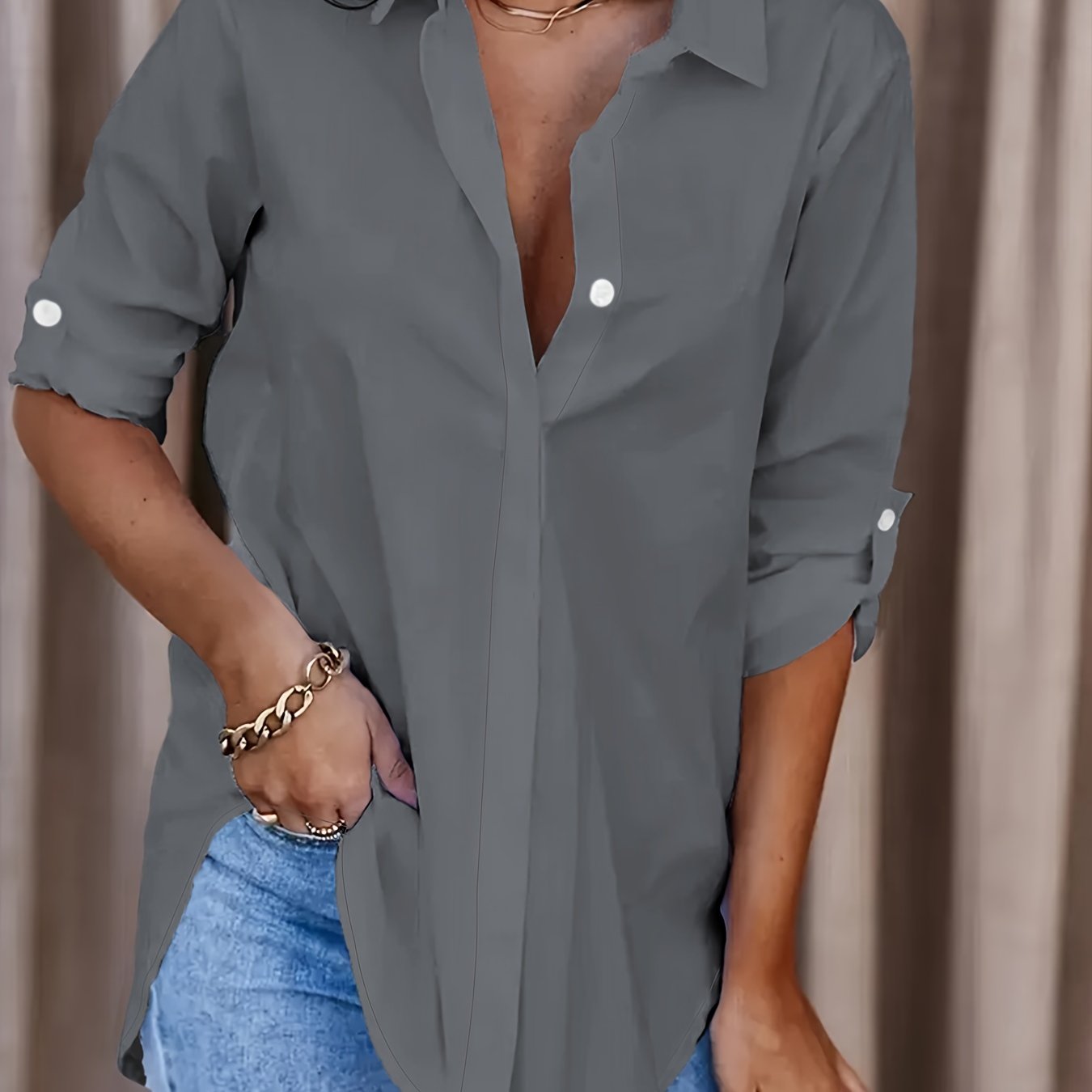 Blusa Sin Esfuerzo para Mujeres con Cuello, Manga Larga, Tablero de Rollo, Estilo Casual Oversized