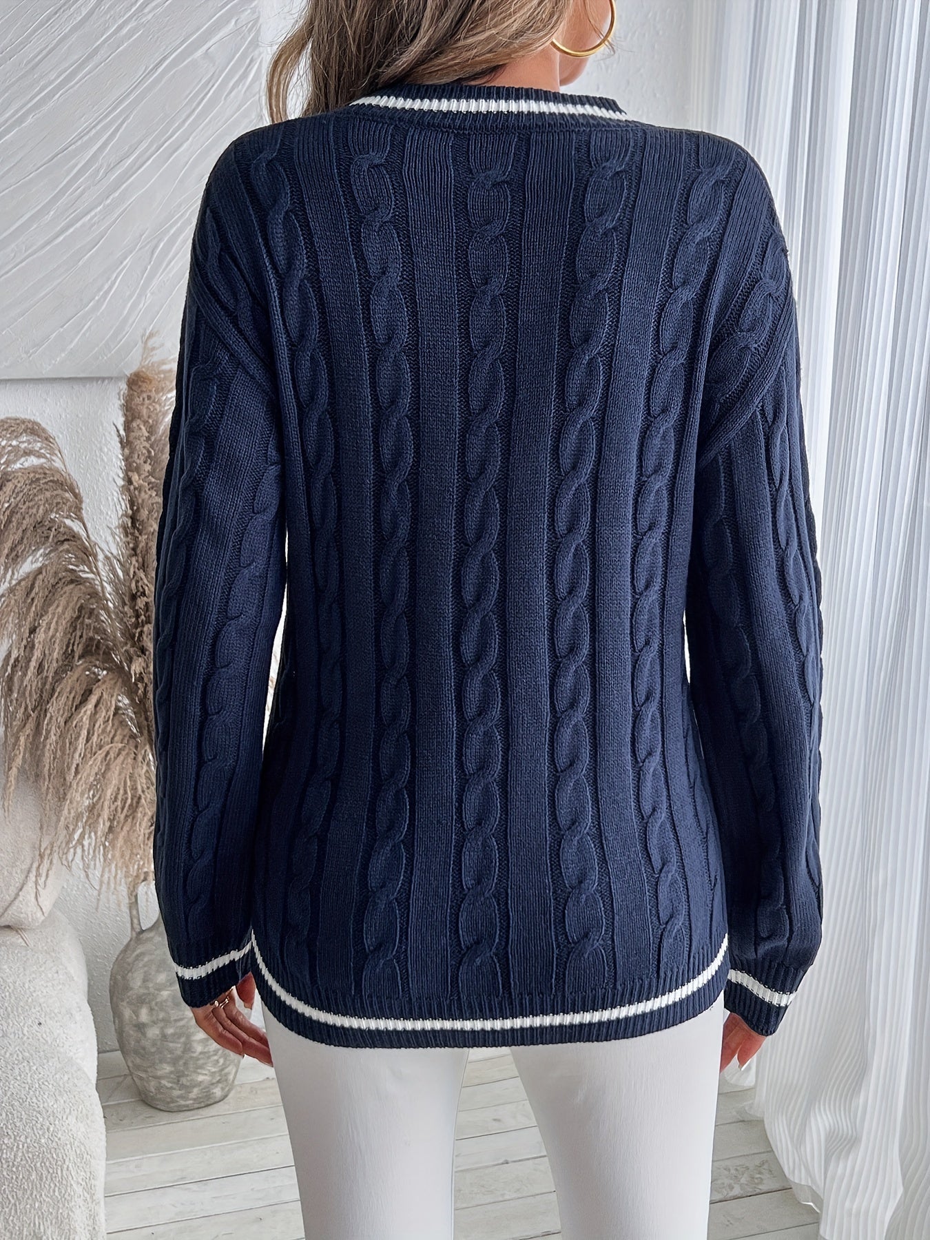Suéter de Punto Trenzado Cómodo para Mujeres con Escote en V, Manga Larga, Detalle de Rayas y Estilo Oversized