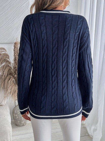 Suéter de Punto Trenzado Cómodo para Mujeres con Escote en V, Manga Larga, Detalle de Rayas y Estilo Oversized