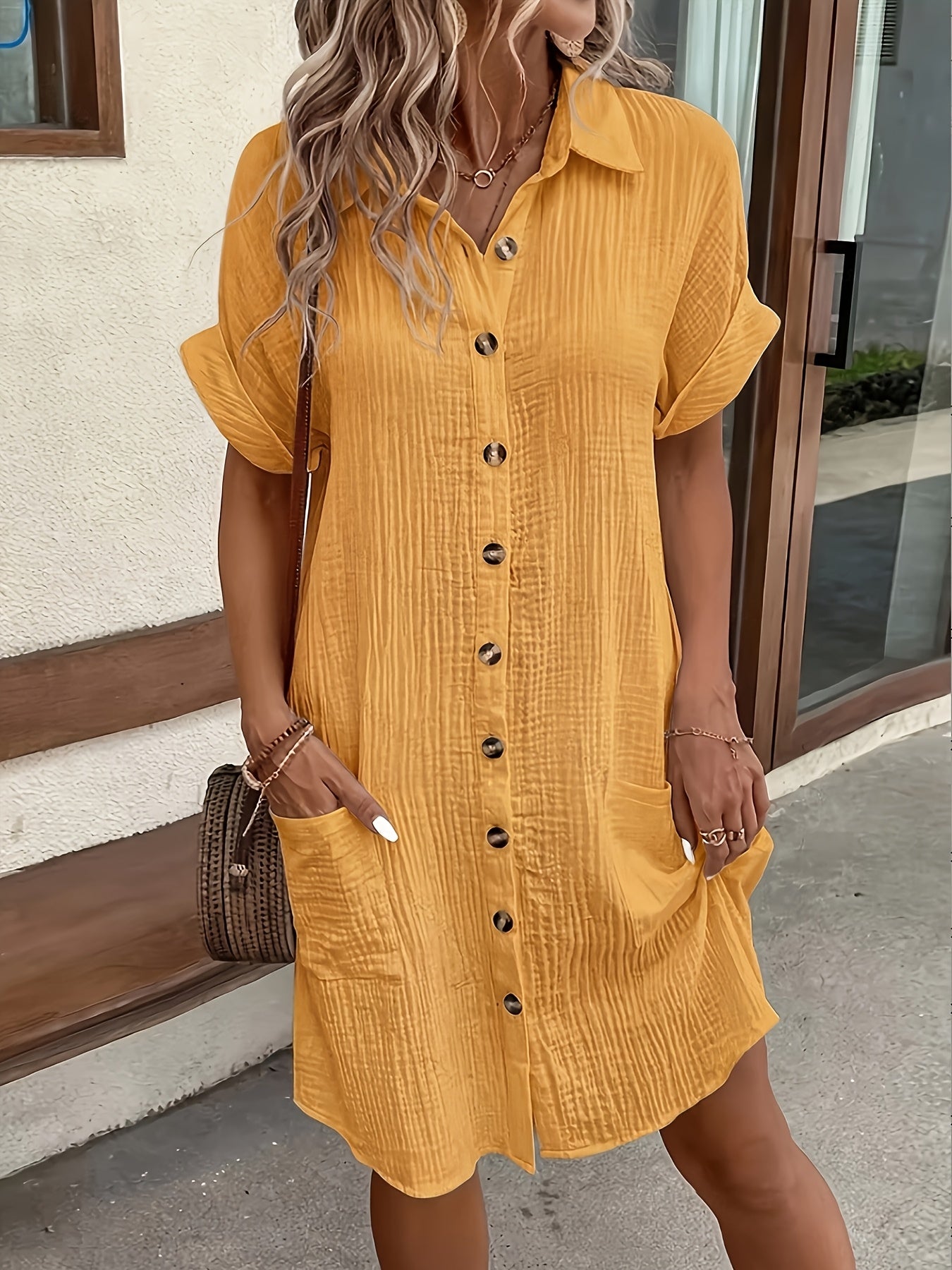Vestido Camisero de Gasa de Algodón Sin Esfuerzo para Mujeres con Cuello, Manga Corta y Botones, Estilo Relajado