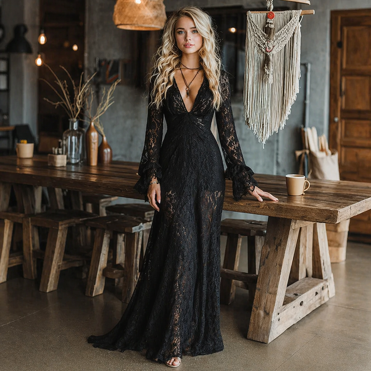 Elegante Vestido Maxi de Encaje Negro para Mujeres con Escote en V y Mangas de Campana Transparentes Estilo Bohemio