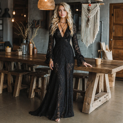 Elegante Vestido Maxi de Encaje Negro para Mujeres con Escote en V y Mangas de Campana Transparentes Estilo Bohemio