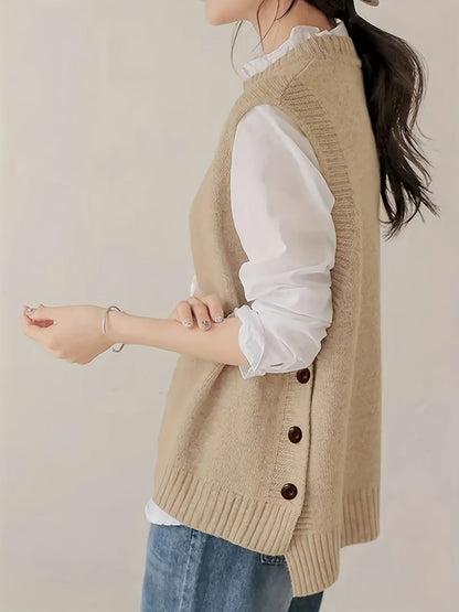 Chaleco de Punto Acanalado Cómodo para Mujeres con Cuello Alto Sin Mangas y Estilo Relajado con Botones Lateral