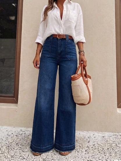 Jeans de Pierna Ancha de Color Azul Oscuro para Mujeres con Estilo de Cintura Alta y Cinturón