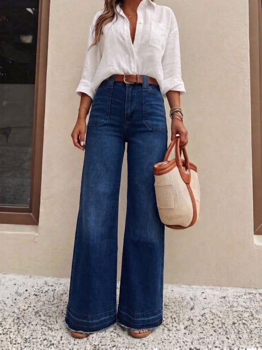 Jeans de Pierna Ancha de Color Azul Oscuro para Mujeres con Estilo de Cintura Alta y Cinturón