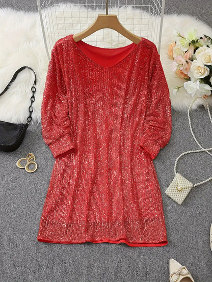 Elegante Vestido Mini de Lentejuelas para Mujeres con Manga Murciélago Descubierta Cuerpo Ajustado Brillante Estilo Formal para Fiestas