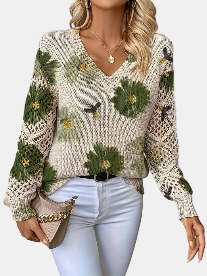 Suéter de Ganchillo Floral Cómodo para Mujeres con Cuello en V y Mangas de Globo, Estilo Oversized