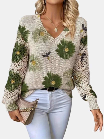 Suéter de Ganchillo Floral Cómodo para Mujeres con Cuello en V y Mangas de Globo, Estilo Oversized
