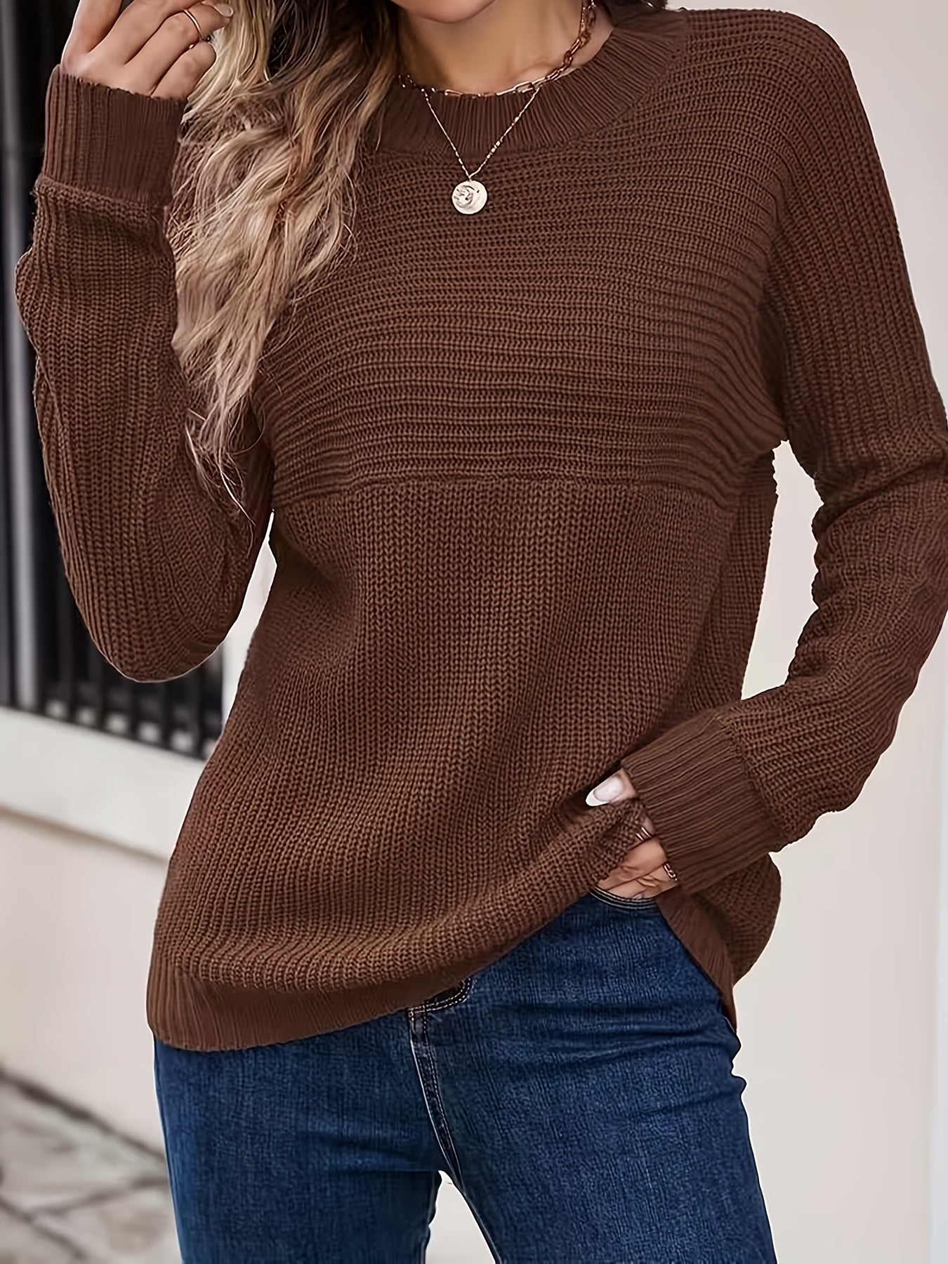 Suéter de Punto Acanalado Cómodo para Mujeres con Cuello Redondo y Manga Larga, Estilo Relajado y Sobredimensionado