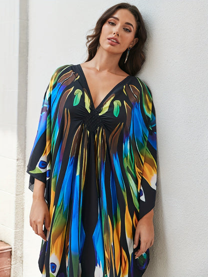 Elegante Kaftán Maxi de Impresión de Pavo Real Multicolor para Mujeres con Escote en V y Manga Murciélago Fluyente