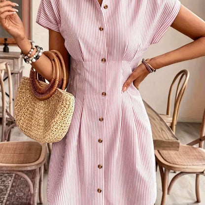 Vestido Camisa A-Line de Manga Corta a Rayas Elegante para Mujeres, Vestido Casual de Oficina de Verano de Cintura Alta con Botones en Pastel Claro, Fabricado en Poliéster Cómodo, Estilo Francés, Color Sólido, Vestido Camisa para Mujeres, Vestido Camisa C