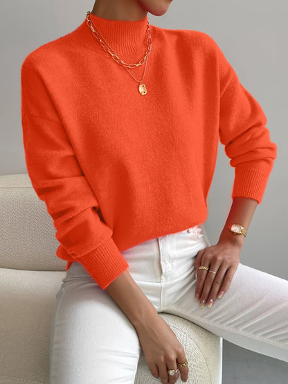 Suéter de punto cómodo para mujeres con cuello alto, mangas largas y estilo relajado y oversized