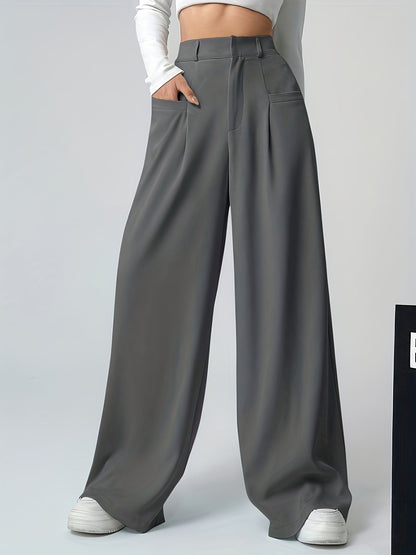 Pantalones Anchos Elegantes de Caqui para Mujeres con Cintura Alta y Pliegues, Estilo Relajado