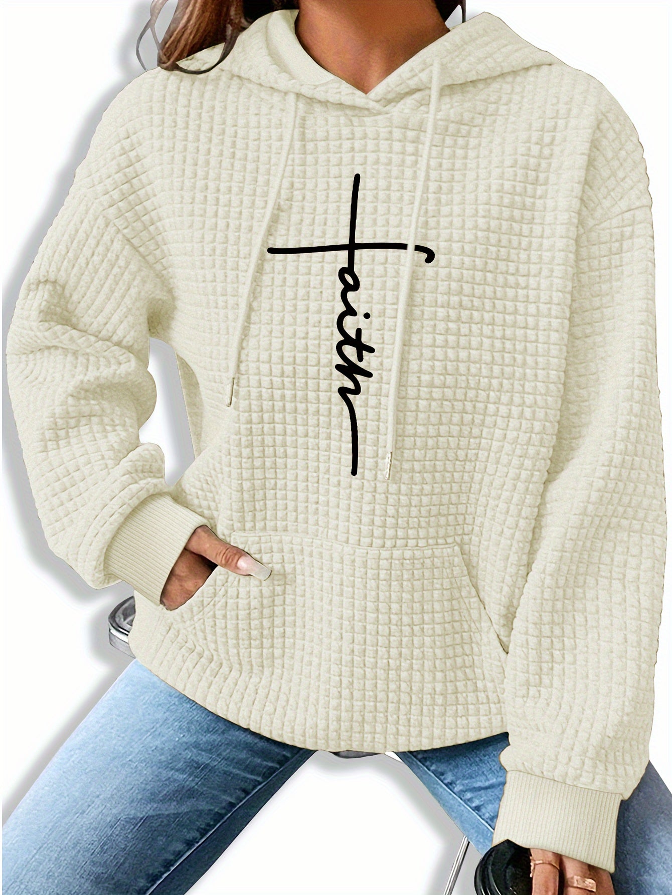 Sudadera gráfica de punto waffle cómoda para mujeres con capucha ajustable, de manga larga y estilo oversized