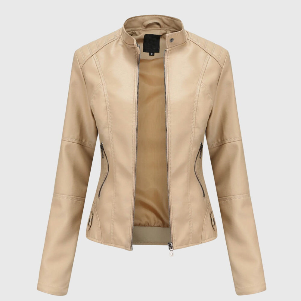 Chaqueta de Moto de Cuero Sintético Elegante para Mujeres con Cuello Alto, Manga Larga y Estilo Ajustado
