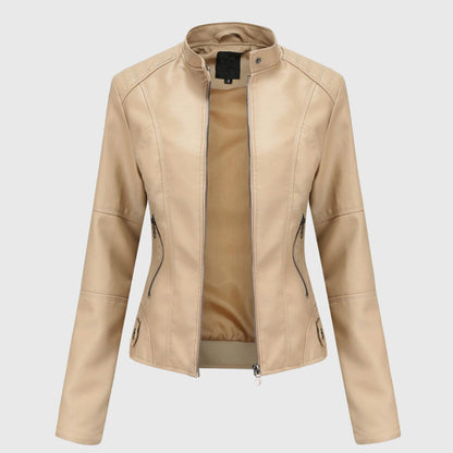 Chaqueta de Moto de Cuero Sintético Elegante para Mujeres con Cuello Alto, Manga Larga y Estilo Ajustado