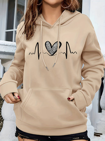 Sudadera con estampado de latido del corazón cómoda para mujeres con capucha ajustable, manga larga, bolsillo canguro, estilo oversize