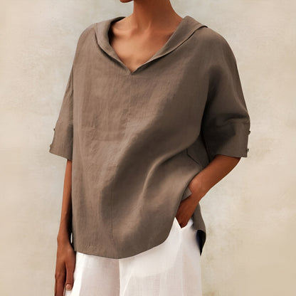 Blusa de Lino Sin Esfuerzo para Mujeres con Cuello en V, Manga Corta, Estilo Relajado y Oversized