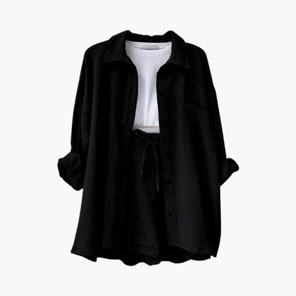 Conjunto de Dos Piezas de Algodón Arrugado Sin Esfuerzo para Mujeres con Pantalones Cortos con Cintura Ajustable y Estilo Relajado