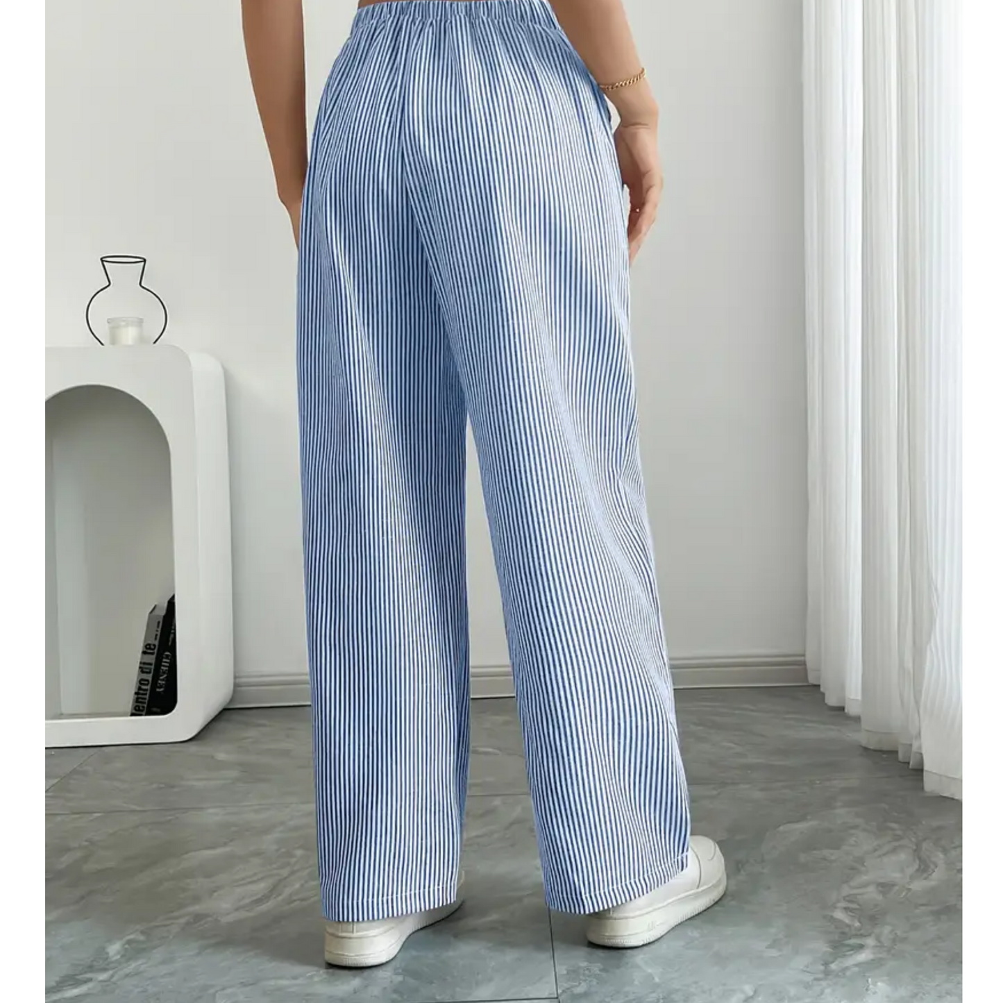 Pantalones Anchos a Rayas para Mujeres con Cintura Alta y Cuerda, Estilo Casual Relajado
