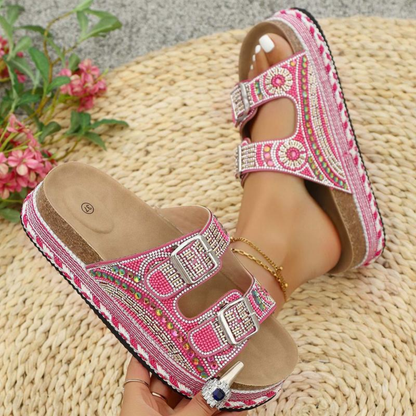 Sandalias de Deslizamiento Cómodas para Mujeres con Estilo de Plataforma Abierta y Correa Doble con Hebilla Impresa