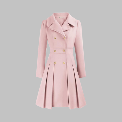 Abrigo de mezcla de lana elegante para mujeres con solapa de muesca, manga larga, doble botonadura y estilo acampanado con pliegues