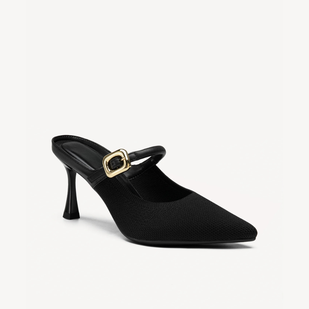 Mules Elegantes con Tacón para Mujeres con Punta Afila y Correa de Hebilla, Estilo Slip On con Tacón Bajo