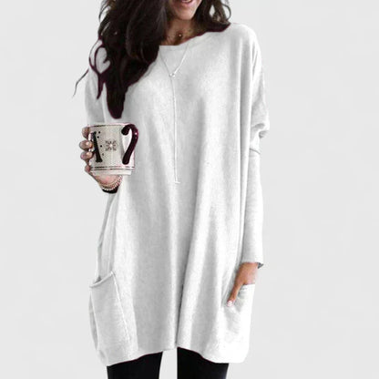 Vestido de Suéter Cómodo para Mujeres con Cuello Redondo, Manga Larga, Bolsillo Frontal, Estilo Oversized