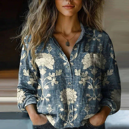 Blusa Impresa Sin Esfuerzo para Mujeres con Cuello, Manga Larga, Botones, Frente, Bolsillo, Estilo Boho