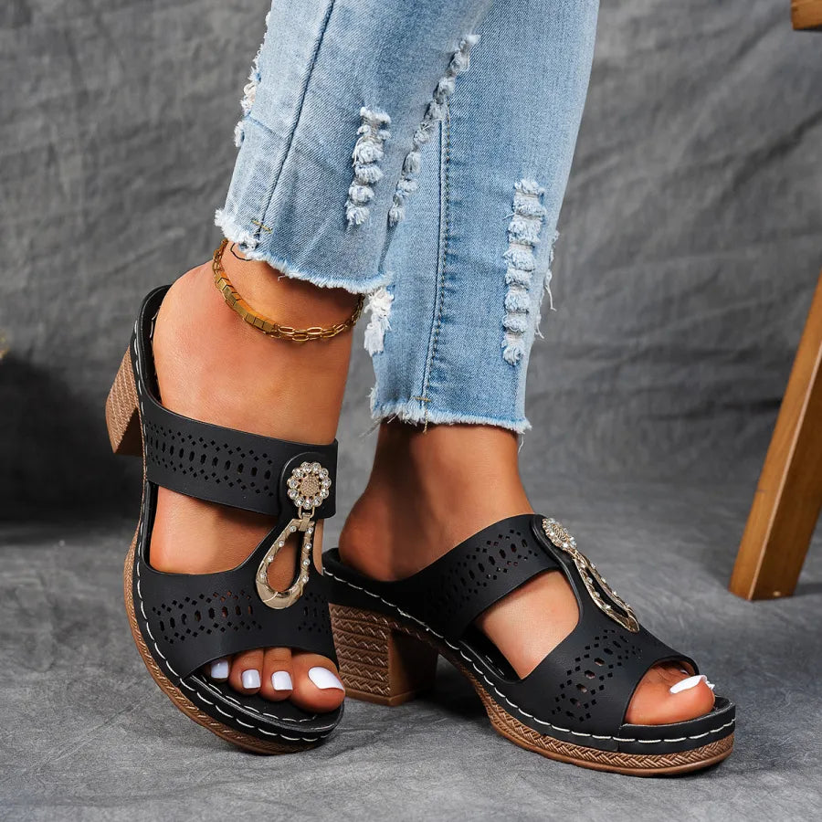 Mules cómodos con tacón para mujeres con detalle de anillo de metal, tacón bloque, estilo abierto y fácil de poner