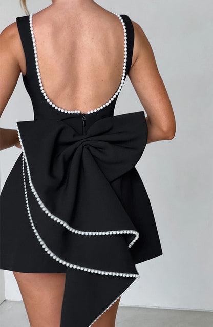 Vestido Mini Elegante con Ribete de Perlas y Lazo para Mujeres con Cuello Barco Sin Mangas Estilo Cóctel