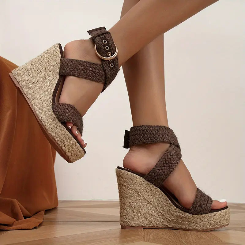 Sandalias de Cuña de Espadrille Cómodas para Mujeres con Correa de Tobillo Ajustable y Plataforma Tejida de Punta Abierta