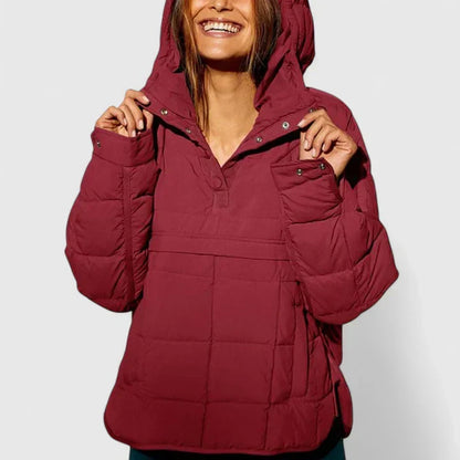Chaqueta acolchada cómoda para mujeres con capucha, cierre de botones en la parte delantera, manga larga y dobladillo asimétrico de estilo casual