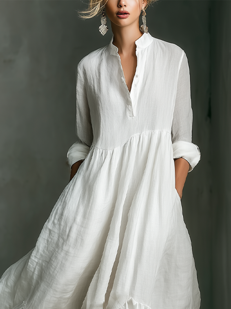 Vestido Maxi Blanco Sin Esfuerzo para Mujeres con Cuello Alto y Botones, Manga Larga, Estilo Casual de Lino con Volantes