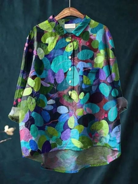 Blusa Floral Impresa Sin Esfuerzo para Mujeres con Cuello, Manga Larga, Botones en el Frente, Estilo Relajado