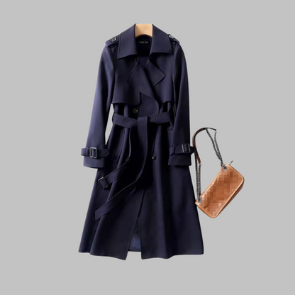 Abrigo Trench Elegante para Mujeres con Solapa Cortada, Manga Larga, Doble Botonadura y Cinturón, Estilo Fluido