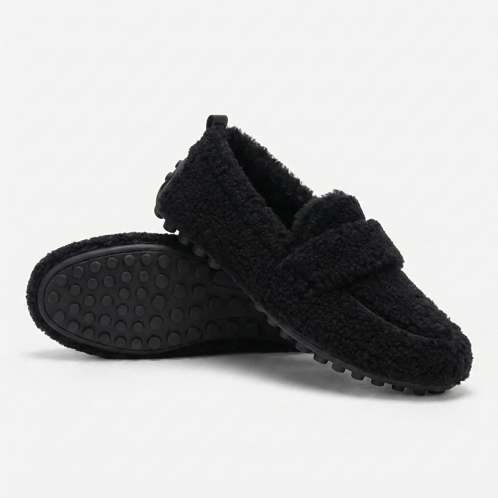 Zapatos de Casa Cómodos para Mujeres con Parte Superior de Piel Sintética Rizada, Estilo Mocasín, Suela de Goma, Slip On