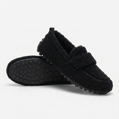 Zapatos de Casa Cómodos para Mujeres con Parte Superior de Piel Sintética Rizada, Estilo Mocasín, Suela de Goma, Slip On