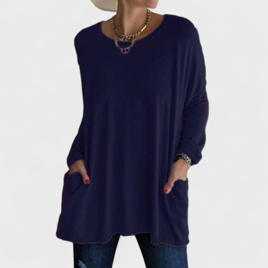 Túnica Oversized Sin Esfuerzo para Mujeres con Cuello Redondo, Manga Larga, Bolsillos Laterales y Estilo Relajado