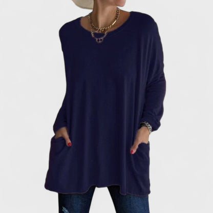 Túnica Oversized Sin Esfuerzo para Mujeres con Cuello Redondo, Manga Larga, Bolsillos Laterales y Estilo Relajado