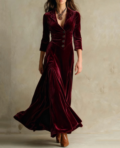 Vestido Maxi de Terciopelo Elegante para Mujeres con Cuello de Muesca, Manga de Codo, Botones en la Parte Frontal y Estilo Vintage