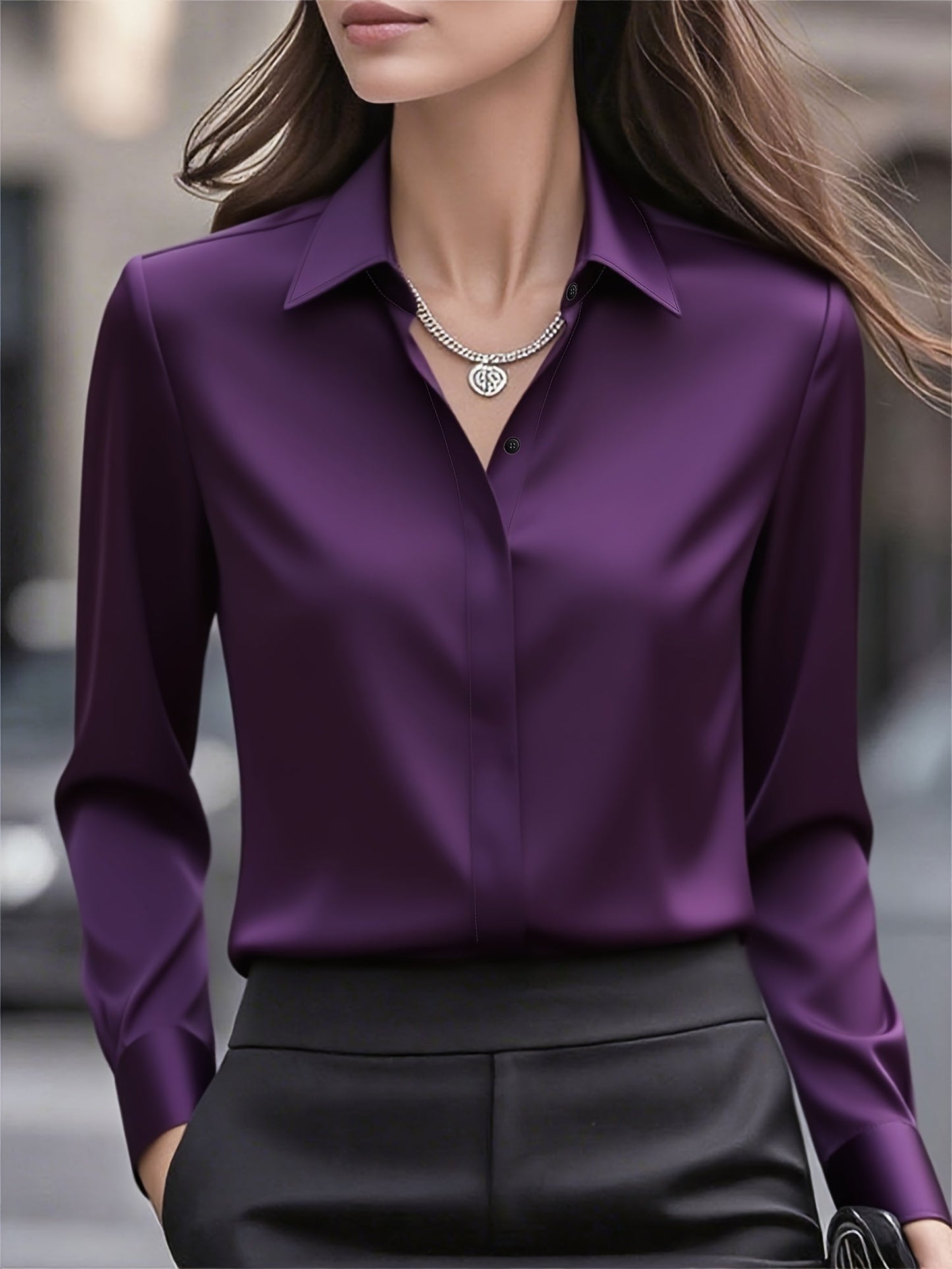 Blusa de Satén Elegante para Mujeres con Cuello, Manga Larga, Botón Frontal y Estilo Relajado