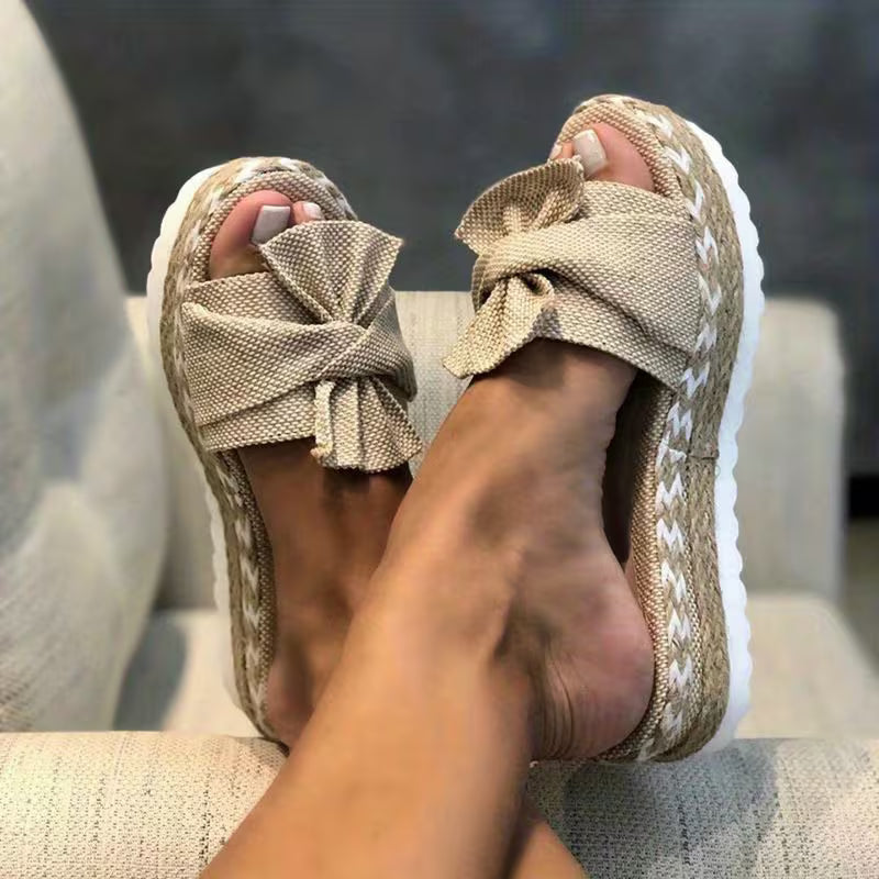 Sandalias de Deslizamiento Cómodas para Mujeres con Detalle de Lazo en Plataforma de Espadrille de Punta Abierta