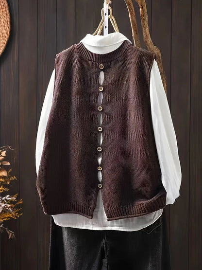 Chaleco de Suéter Cómodo para Mujeres con Cuello Redondo, Sin Mangas, Botones en la Parte Posterior, Estilo Relajado y Oversized