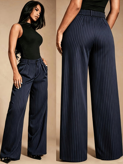 Pantalones Anchos de Rayas en Azul Marino Elegantes para Mujeres con Cintura Alta y Estilo Ajustado