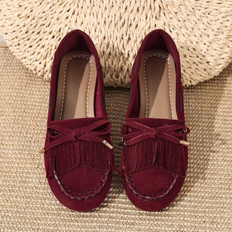 Zapatos de Casa Cómodos para Mujeres con Moño de Flecos Estilo Mocasín Sin Cordones